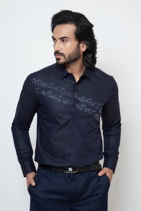 Shop Yoseba Blue Cotton Cut Work Button Down Cutdana Embroidered Shirt at Aza Fashions Shop_Yoseba_Blue Cotton Cut Work Button Down Cutdana Embroidered Shirt _at_Aza_Fashions