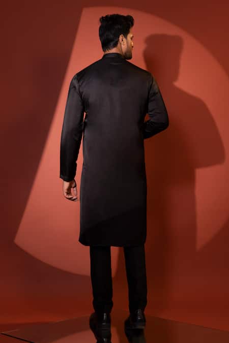 Yoseba_Black Linen, Cotton Cut Work Cutdana Embroidered Kurta With Pant _Online_at_Aza_Fashions