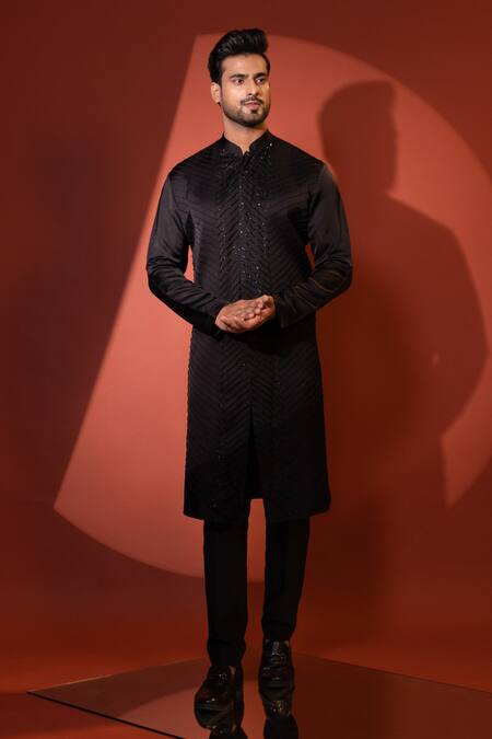 Buy_Yoseba_Black Linen, Cotton Cut Work Cutdana Embroidered Kurta With Pant _Online_at_Aza_Fashions