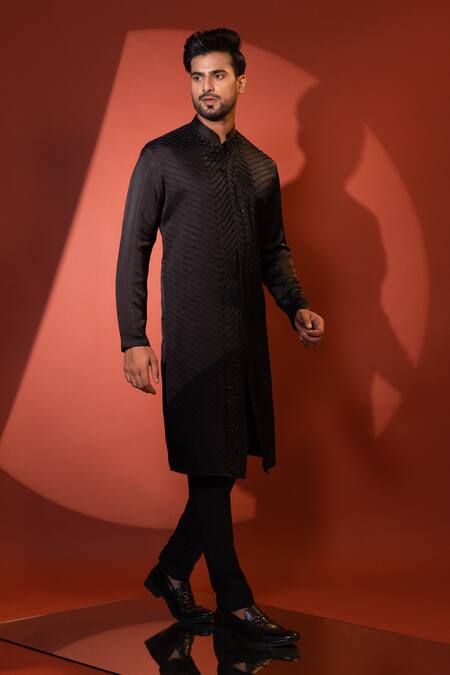Shop_Yoseba_Black Linen, Cotton Cut Work Cutdana Embroidered Kurta With Pant _Online_at_Aza_Fashions