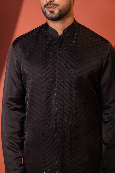 Yoseba_Black Linen, Cotton Cut Work Cutdana Embroidered Kurta With Pant _at_Aza_Fashions