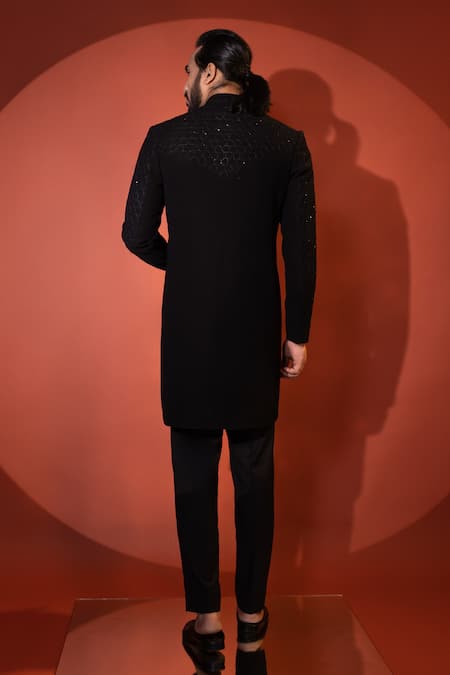 Shop Yoseba Black Cotton Cut Work Hexagonal Motif Achkan With Pant at Aza Fashions Shop_Yoseba_Black Cotton Cut Work Hexagonal Motif Achkan With Pant _at_Aza_Fashions