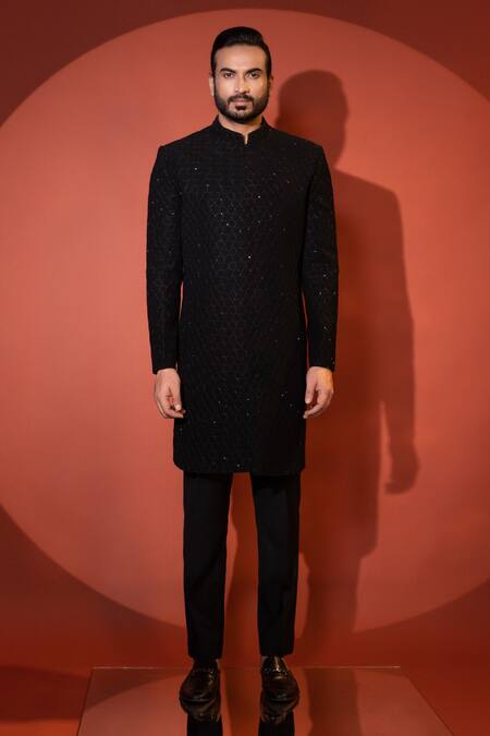 Yoseba Black Cotton Cut Work Hexagonal Motif Achkan With Pant Online at Aza Fashions Yoseba_Black Cotton Cut Work Hexagonal Motif Achkan With Pant _Online_at_Aza_Fashions