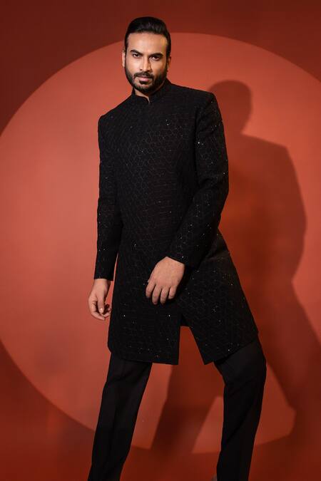 Buy Yoseba Black Cotton Cut Work Hexagonal Motif Achkan With Pant Online at Aza Fashions Buy_Yoseba_Black Cotton Cut Work Hexagonal Motif Achkan With Pant _Online_at_Aza_Fashions
