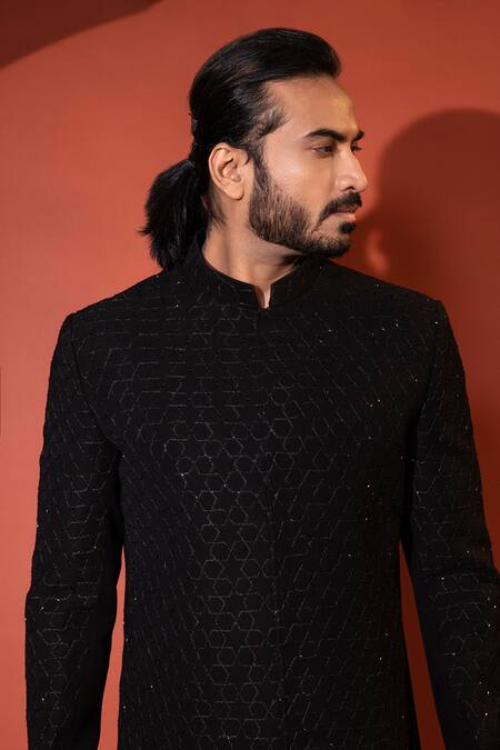 Shop Yoseba Black Cotton Cut Work Hexagonal Motif Achkan With Pant Online at Aza Fashions Shop_Yoseba_Black Cotton Cut Work Hexagonal Motif Achkan With Pant _Online_at_Aza_Fashions