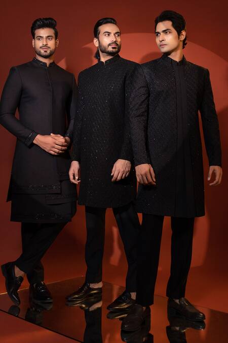 Yoseba Black Cotton Cut Work Hexagonal Motif Achkan With Pant at Aza Fashions Yoseba_Black Cotton Cut Work Hexagonal Motif Achkan With Pant _at_Aza_Fashions