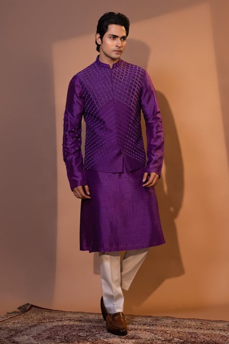 YOSEBA Purple Nehru Jacket Bam Silk Embroidery Geometric Kurta Set 