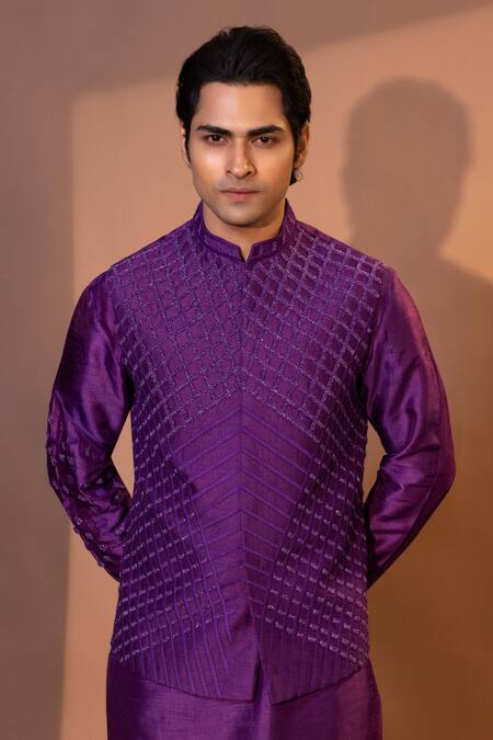 Shop Yoseba Purple Bamboo, Cotton Embroidery Geometric Kurta Set Online at Aza Fashions Shop_Yoseba_Purple Bamboo, Cotton Embroidery Geometric Kurta Set _Online_at_Aza_Fashions