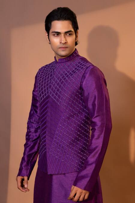 Yoseba Purple Bamboo, Cotton Embroidery Geometric Kurta Set at Aza Fashions Yoseba_Purple Bamboo, Cotton Embroidery Geometric Kurta Set _at_Aza_Fashions