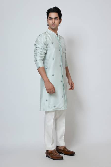 Yoseba_Blue Bamboo, Cotton Embroidery Powder Kurta Set _Online_at_Aza_Fashions