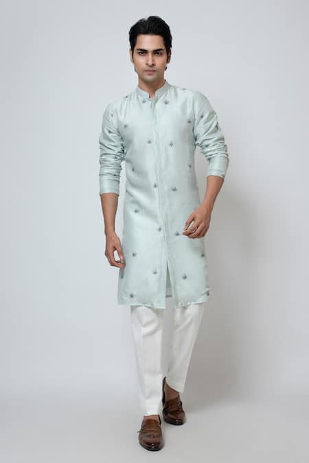 Buy_Yoseba_Blue Bamboo, Cotton Embroidery Powder Kurta Set _Online_at_Aza_Fashions