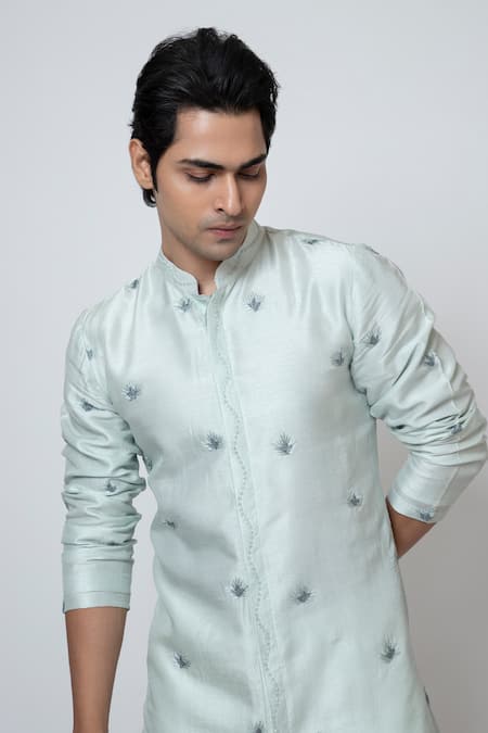 Yoseba_Blue Bamboo, Cotton Embroidery Powder Kurta Set _at_Aza_Fashions