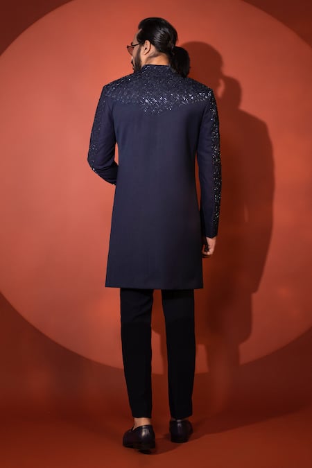 Shop_Yoseba_Blue Premium Suiting Cutdana Azure Bling Embroidered Achkan With Trouser _at_Aza_Fashions