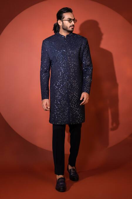 Yoseba_Blue Premium Suiting Cutdana Azure Bling Embroidered Achkan With Trouser _Online_at_Aza_Fashions