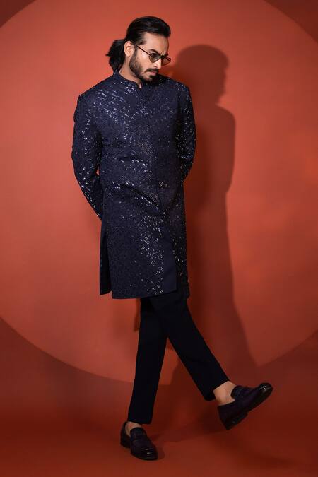 Buy_Yoseba_Blue Premium Suiting Cutdana Azure Bling Embroidered Achkan With Trouser _Online_at_Aza_Fashions