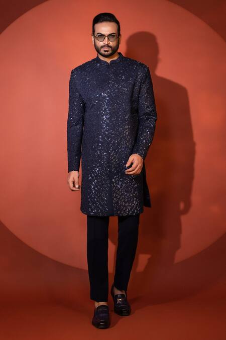 Shop_Yoseba_Blue Premium Suiting Cutdana Azure Bling Embroidered Achkan With Trouser _Online_at_Aza_Fashions