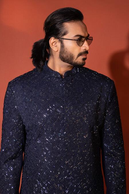 Yoseba_Blue Premium Suiting Cutdana Azure Bling Embroidered Achkan With Trouser _at_Aza_Fashions