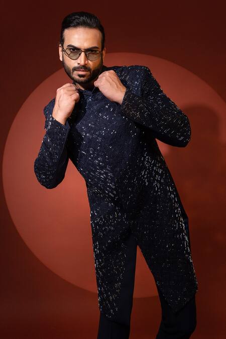 Buy_Yoseba_Blue Premium Suiting Cutdana Azure Bling Embroidered Achkan With Trouser 