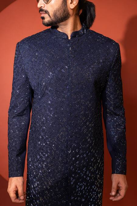 Shop_Yoseba_Blue Premium Suiting Cutdana Azure Bling Embroidered Achkan With Trouser 