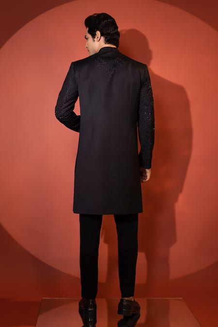Shop Yoseba Black Cut Work, Embroidery Achkan With Trouser at Aza Fashions Shop_Yoseba_Black Cut Work, Embroidery Achkan With Trouser _at_Aza_Fashions