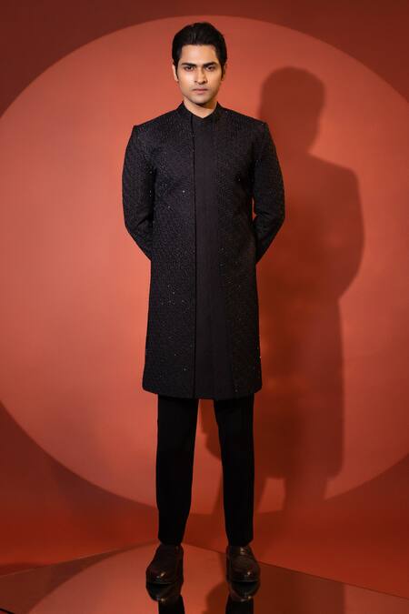 Yoseba Black Cut Work, Embroidery Achkan With Trouser Online at Aza Fashions Yoseba_Black Cut Work, Embroidery Achkan With Trouser _Online_at_Aza_Fashions