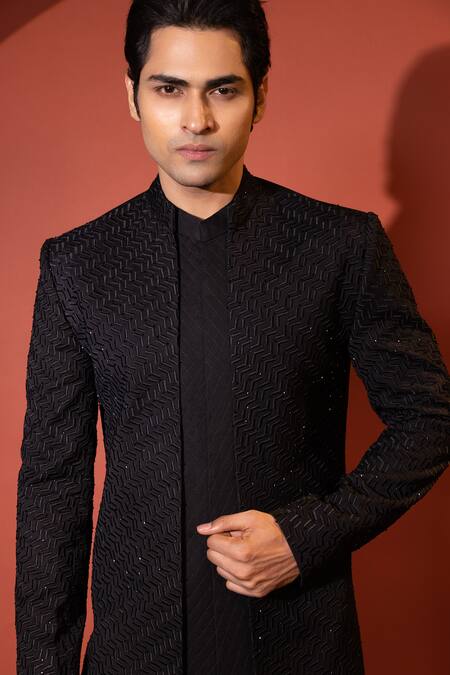 Yoseba Black Cut Work, Embroidery Achkan With Trouser at Aza Fashions Yoseba_Black Cut Work, Embroidery Achkan With Trouser _at_Aza_Fashions