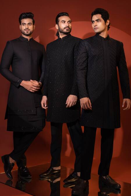 Buy Yoseba Black Cut Work, Embroidery Achkan With Trouser Buy_Yoseba_Black Cut Work, Embroidery Achkan With Trouser