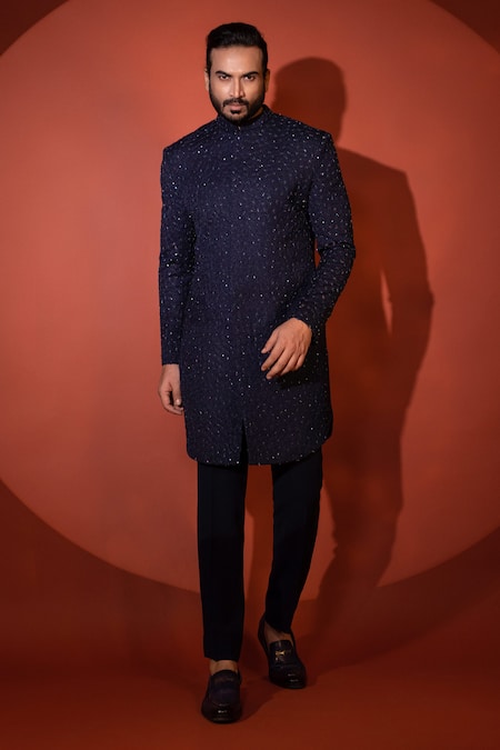 YOSEBA Blue Premium Suiting Embellished Abstract Achkan With Trouser 