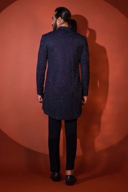 Shop Yoseba Blue Cotton Embroidery Abstract Embellished Achkan And Trouser at Aza Fashions Shop_Yoseba_Blue Cotton Embroidery Abstract Embellished Achkan And Trouser _at_Aza_Fashions