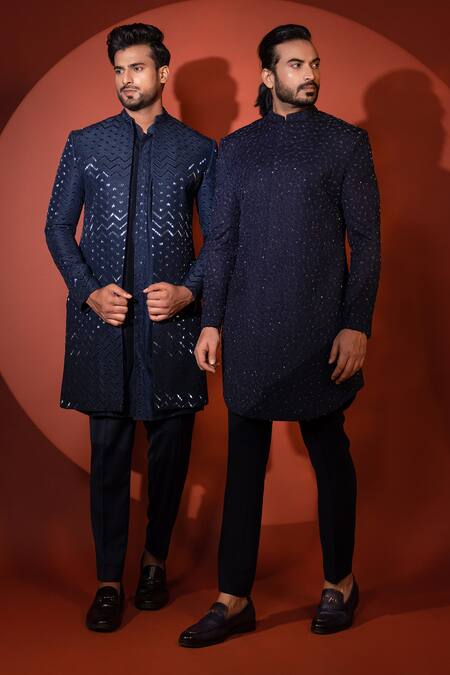 Yoseba Blue Cotton Embroidery Abstract Embellished Achkan And Trouser Online at Aza Fashions Yoseba_Blue Cotton Embroidery Abstract Embellished Achkan And Trouser _Online_at_Aza_Fashions