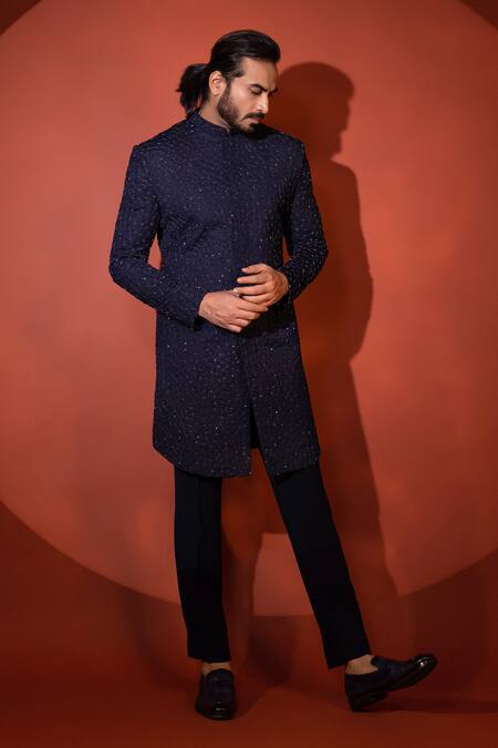 Buy Yoseba Blue Cotton Embroidery Abstract Embellished Achkan And Trouser Online at Aza Fashions Buy_Yoseba_Blue Cotton Embroidery Abstract Embellished Achkan And Trouser _Online_at_Aza_Fashions