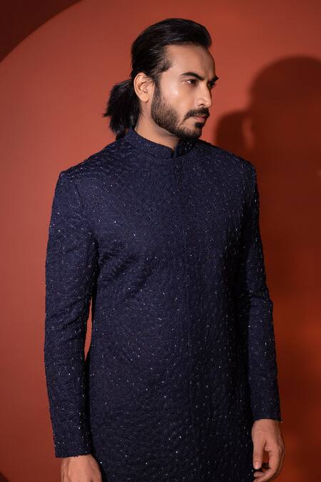 Shop Yoseba Blue Cotton Embroidery Abstract Embellished Achkan And Trouser Online at Aza Fashions Shop_Yoseba_Blue Cotton Embroidery Abstract Embellished Achkan And Trouser _Online_at_Aza_Fashions