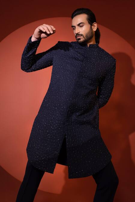 Yoseba Blue Cotton Embroidery Abstract Embellished Achkan And Trouser at Aza Fashions Yoseba_Blue Cotton Embroidery Abstract Embellished Achkan And Trouser _at_Aza_Fashions