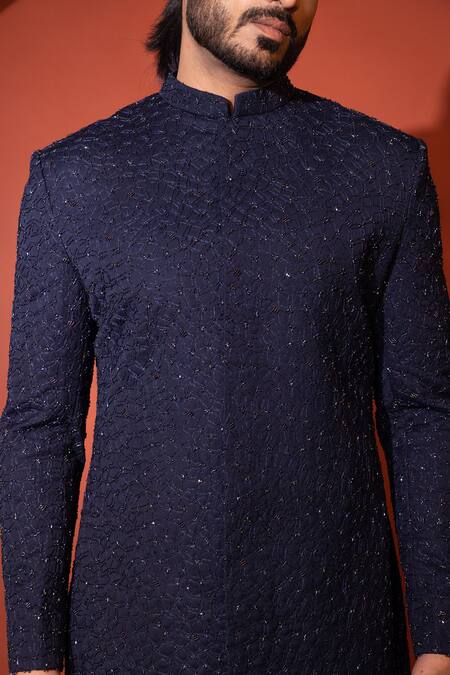 Buy Yoseba Blue Cotton Embroidery Abstract Embellished Achkan And Trouser Buy_Yoseba_Blue Cotton Embroidery Abstract Embellished Achkan And Trouser