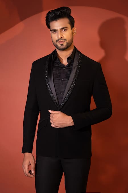 Yoseba_Black Polyester, Cotton Cut Work, Sequins Embellished Blazer And Trouser Set _Online_at_Aza_Fashions