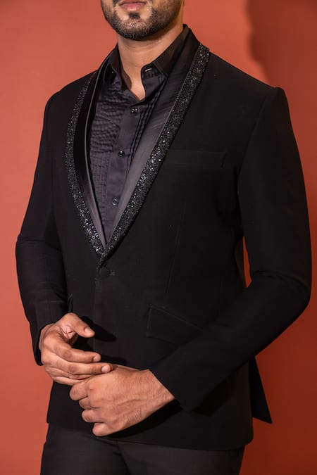 Buy_Yoseba_Black Polyester, Cotton Cut Work, Sequins Embellished Blazer And Trouser Set _Online_at_Aza_Fashions