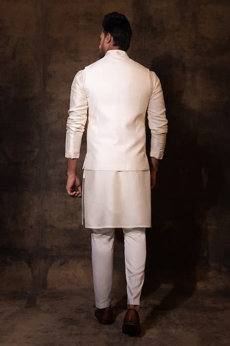 Shop_Yoseba_Ivory Bamboo, Cotton Cut Work, Embroidery Paradise Nehru Jacket Set _at_Aza_Fashions