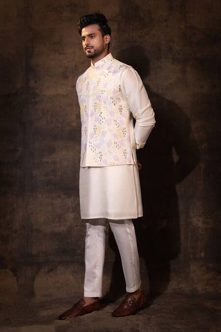 Buy_Yoseba_Ivory Bamboo, Cotton Cut Work, Embroidery Paradise Nehru Jacket Set _Online_at_Aza_Fashions