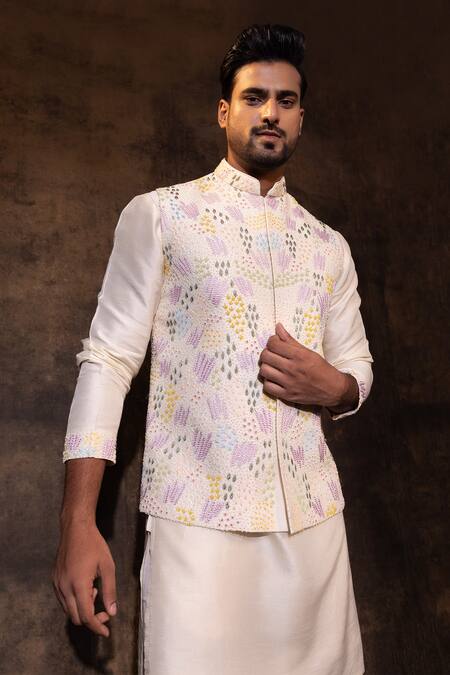 Yoseba_Ivory Bamboo, Cotton Cut Work, Embroidery Paradise Nehru Jacket Set _at_Aza_Fashions