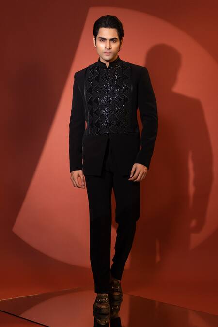 Yoseba_Black Polyester Cut Work Triangle Motif Embroidered Bandhgala With Trouser _Online_at_Aza_Fashions