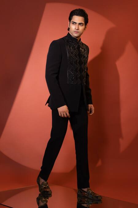 Buy_Yoseba_Black Polyester Cut Work Triangle Motif Embroidered Bandhgala With Trouser _Online_at_Aza_Fashions