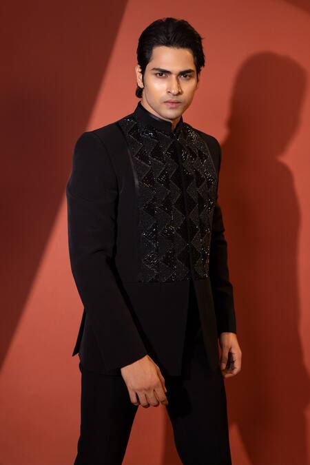 Shop_Yoseba_Black Polyester Cut Work Triangle Motif Embroidered Bandhgala With Trouser _Online_at_Aza_Fashions