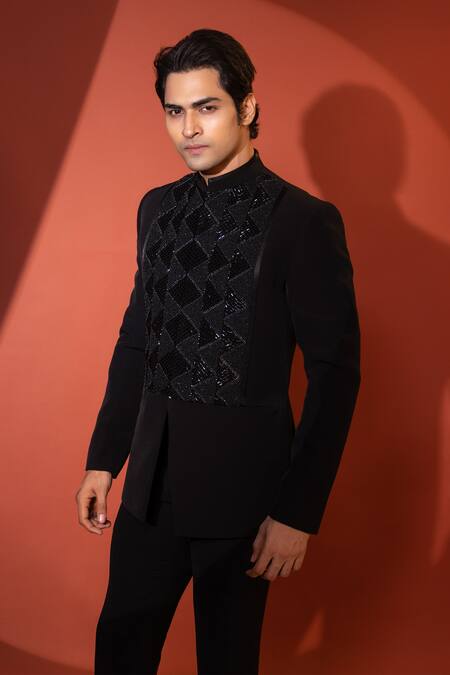 Buy_Yoseba_Black Polyester Cut Work Triangle Motif Embroidered Bandhgala With Trouser 