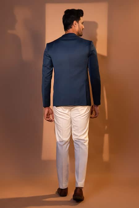 Shop Yoseba Blue Polyester Cut Work Tonal Embroidered Collar Blazer With Trouser at Aza Fashions Shop_Yoseba_Blue Polyester Cut Work Tonal Embroidered Collar Blazer With Trouser _at_Aza_Fashions