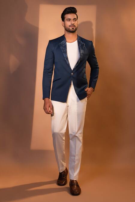 Yoseba Blue Polyester Cut Work Tonal Embroidered Collar Blazer With Trouser Online at Aza Fashions Yoseba_Blue Polyester Cut Work Tonal Embroidered Collar Blazer With Trouser _Online_at_Aza_Fashions