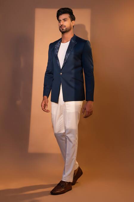 Buy Yoseba Blue Polyester Cut Work Tonal Embroidered Collar Blazer With Trouser Online at Aza Fashions Buy_Yoseba_Blue Polyester Cut Work Tonal Embroidered Collar Blazer With Trouser _Online_at_Aza_Fashions