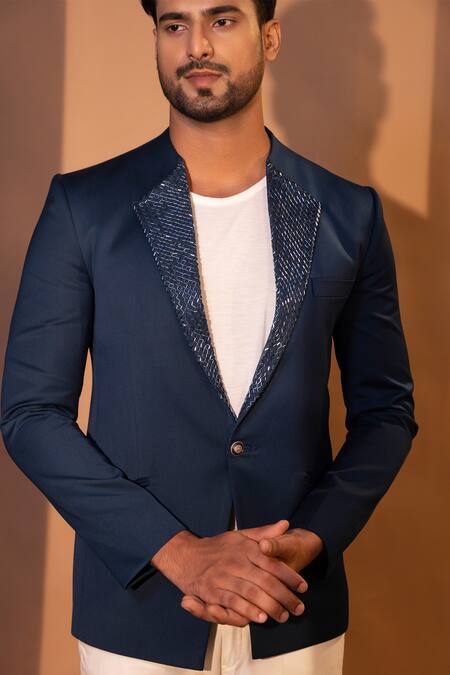 Shop Yoseba Blue Polyester Cut Work Tonal Embroidered Collar Blazer With Trouser Online at Aza Fashions Shop_Yoseba_Blue Polyester Cut Work Tonal Embroidered Collar Blazer With Trouser _Online_at_Aza_Fashions