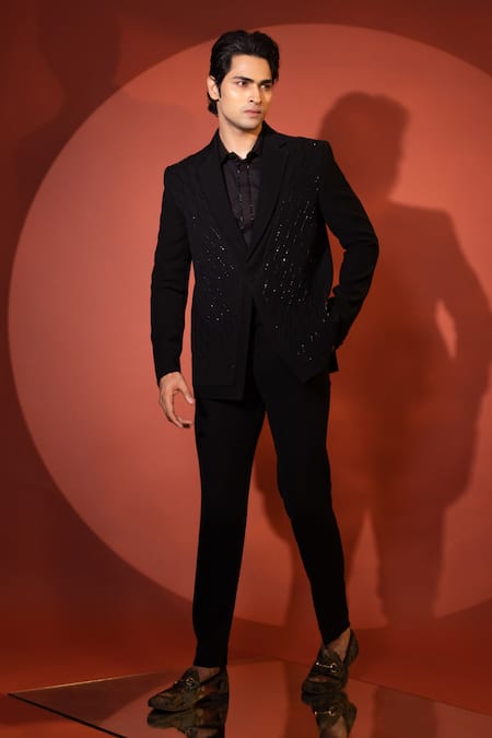 Buy Yoseba Black Polyester Cut Work Cutdana Embellished Blazer And Trouser Online at Aza Fashions Buy_Yoseba_Black Polyester Cut Work Cutdana Embellished Blazer And Trouser _Online_at_Aza_Fashions