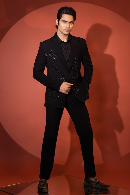 Yoseba Black Polyester Cut Work Cutdana Embellished Blazer And Trouser at Aza Fashions Yoseba_Black Polyester Cut Work Cutdana Embellished Blazer And Trouser _at_Aza_Fashions