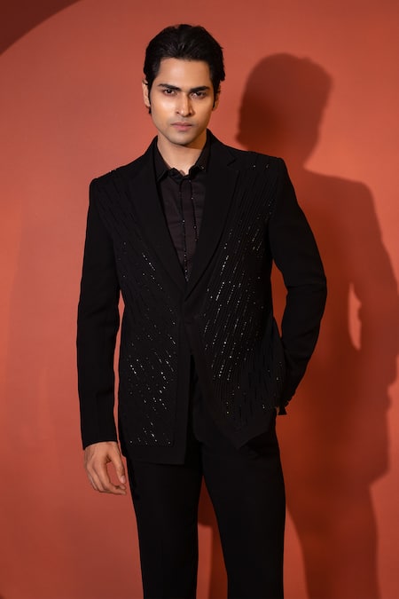 Buy Yoseba Black Polyester Cut Work Cutdana Embellished Blazer And Trouser Buy_Yoseba_Black Polyester Cut Work Cutdana Embellished Blazer And Trouser